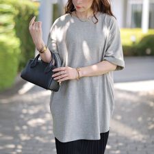 【大きいサイズ】 コットンワッフルロールアップ袖Tシャツ 大きいサイズ レディース トップス 5分袖