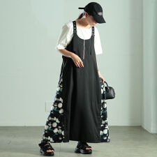 【大きいサイズ】 サイドドット柄切り替えジャンパースカート 大きいサイズ レディース ワンピース 夏