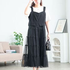 【大きいサイズ】 ティアードチュールジャンパースカート 大きいサイズ レディース ワンピース ロング