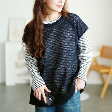 【大きいサイズ】 レース編みベスト＆コットンボーダーロンT2点セット 大きいサイズ レディース 長袖