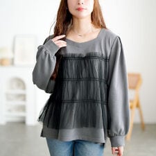 【大きいサイズ】 チュールビスチェドッキングプルオーバー 大きいサイズ レディース トップス 長袖