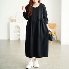 【大きいサイズ】 袖口タックドッキングバルーンワンピース 大きいサイズ レディース ワンピース 長袖