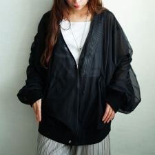 【大きいサイズ】 ギャザースリーブZIPシアーブルゾン 大きいサイズ レディース アウター コート