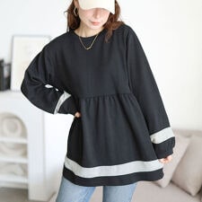 【大きいサイズ】 配色異素材切り替えペプラムチュニック 大きいサイズ レディース チュニック 長袖