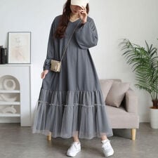 【大きいサイズ】 ティアードチュール切り替えワンピース 大きいサイズ レディース ワンピース ロング