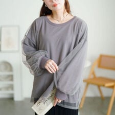 【大きいサイズ】 チュールレイヤードボリューム袖トレーナー 大きいサイズ レディース トップス 長袖
