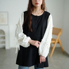 【大きいサイズ】 袖リボン異素材切り替えペプラムチュニック 大きいサイズ レディース チュニック 秋