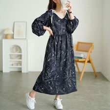 【大きいサイズ】 花柄配色パイピング肩リボンワンピース 大きいサイズ レディース ワンピース 長袖