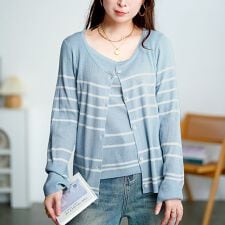 【大きいサイズ】 ボーダーリブニットカーディガン＆キャミセット 大きいサイズ レディース トップス