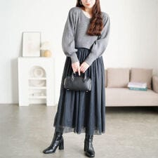 ゴールドジャパン(GOLDJAPAN)の【大きいサイズ】 リブニットドッキングチュールワンピース 大きいサイズ レディース ワンピース 長袖