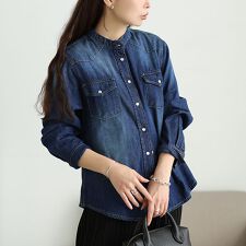 【大きいサイズ】 バンドカラーコットンデニムシャツ 大きいサイズ レディース トップス ブラウス 秋