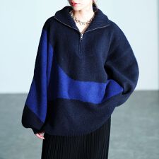 【大きいサイズ】 ハーフZIPアシメバイカラーニット 大きいサイズ レディース トップス ニット 秋