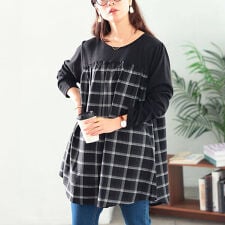 【大きいサイズ】 チェック柄切り替えチュニック 大きいサイズ レディース チュニック 長袖 フレア