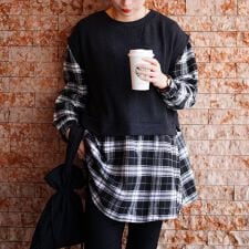 【大きいサイズ】 ベスト重ね着風チェック柄チュニック 大きいサイズ レディース チュニック 長袖 冬