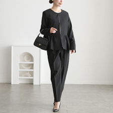 【大きいサイズ】 ペプラムジャケット＆テーパードパンツ＆ネックレス付きブラウス3点セット レディース