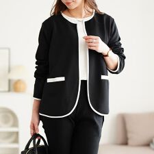 【大きいサイズ】 配色パイピングノーカラージャケット 大きいサイズ レディース アウター コート 冬