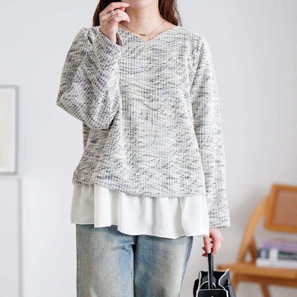 【大きいサイズ】 ツイードフェイクレイヤードプルオーバー 大きいサイズ レディース トップス