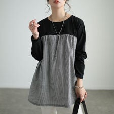 【大きいサイズ】 ストライプ柄切り替えチュニック 大きいサイズ レディース チュニック ストライプ