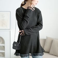 【大きいサイズ】 裾レースリブチュニック 大きいサイズ  レディース トップス チュニック 裾レース