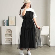 【大きいサイズ】 接触冷感 ドッキング チュール ワンピース 大きいサイズ レディース ワンピース