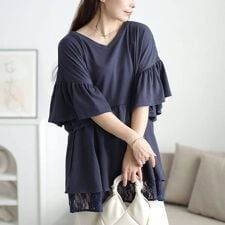 【大きいサイズ】 レースレイヤードペプラムチュニック 大きいサイズ  レディース チュニック レース