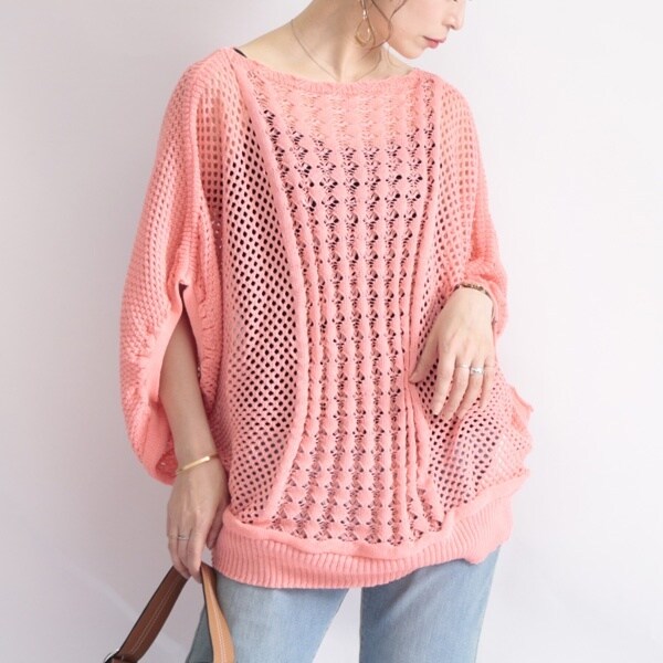 美品❣️すごく素敵です❣️ピンクゴールドカシミアセーターm LL-5L】 透かし編みドルマンサマーニット 大きいサイズ