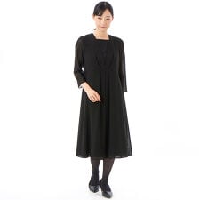 <ブラック夏フォーマル>【洗える】シャーリングワンピース
