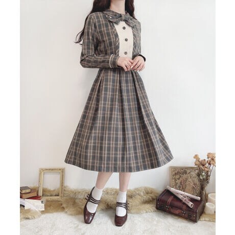 ヨーク切替ボウタイチェックワンピース【洗える】 | フィント(FINT 
