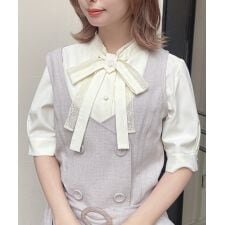 【洗える】レースレイヤードボウタイ5分袖ブラウス