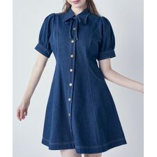 【2サイズ展開】リボンタイ付きパフスリーブデニムワンピース【洗える】