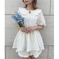 【セットアップ】【洗える】フラワー ジャガード ブラウス セットアップ