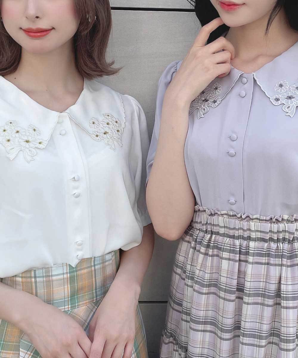【洗える】ミニブーケ刺繍カットワーク半袖ブラウス 洗える】ミニブーケ刺繍カットワーク半袖ブラウス | フィント