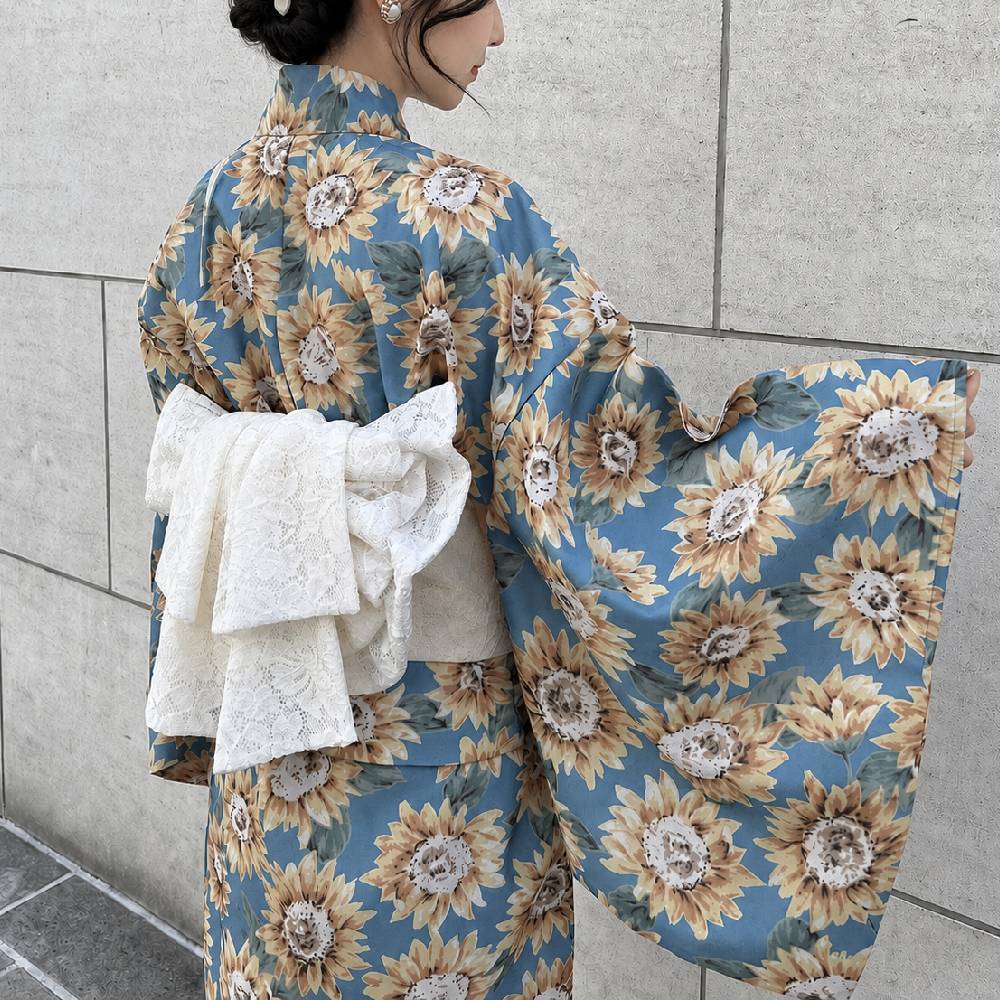 ヒマワリ柄浴衣セット【洗える・2wayセパレート浴衣・浴衣＋作り帯3点