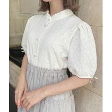 【洗える】袖口 プチリボン ジャガード ブラウス