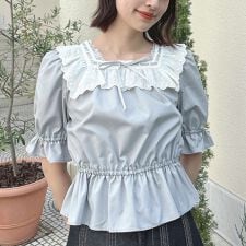【洗える】コットンレース使いはしごリボンブラウス