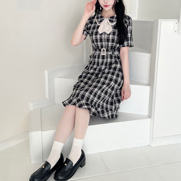 ヨーク切替ボウタイチェックワンピース【洗える】 | フィント