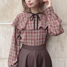 【洗える/セットアップ可能】ケープ付きチェックブラウス