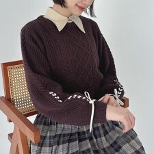 【洗える・5色展開】プチレースアップケーブルニットプルオーバー