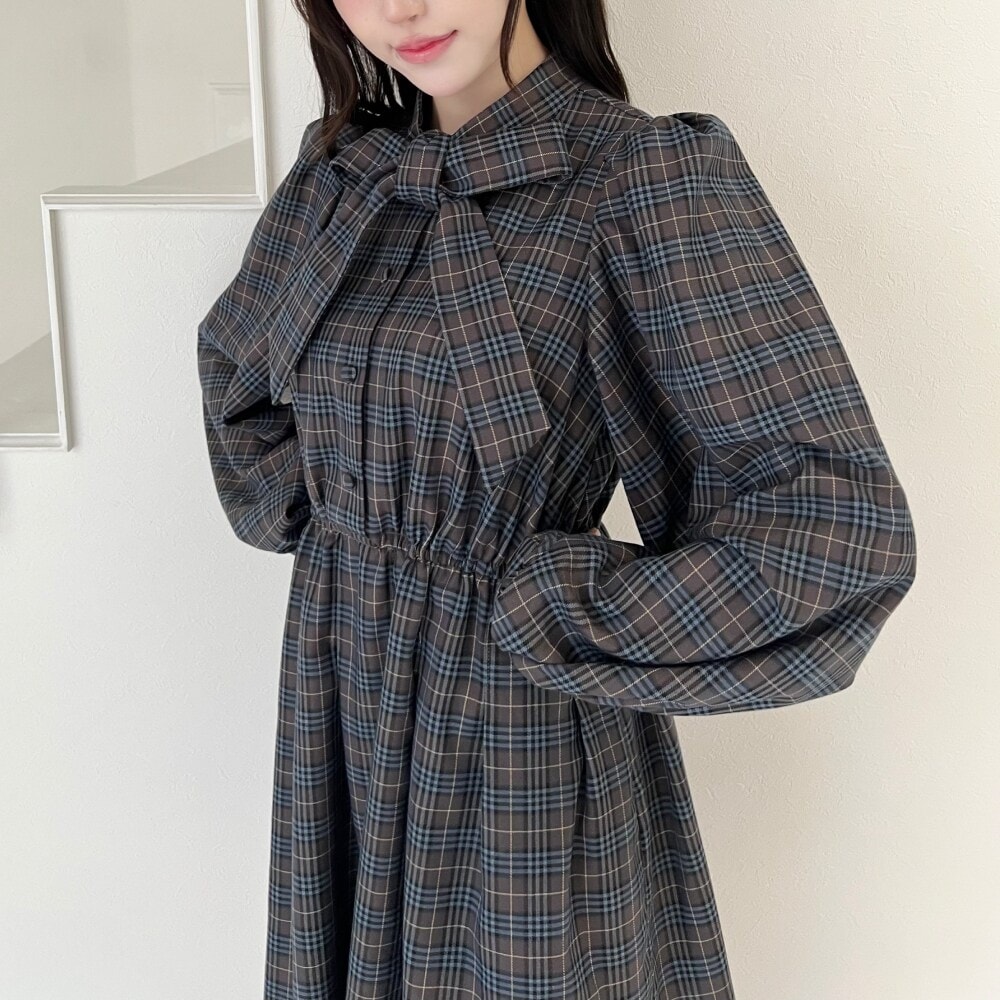 ヨーク切替ボウタイチェックワンピース フィント ヨーク切替ボウタイチェックワンピース【洗える】 | フィント