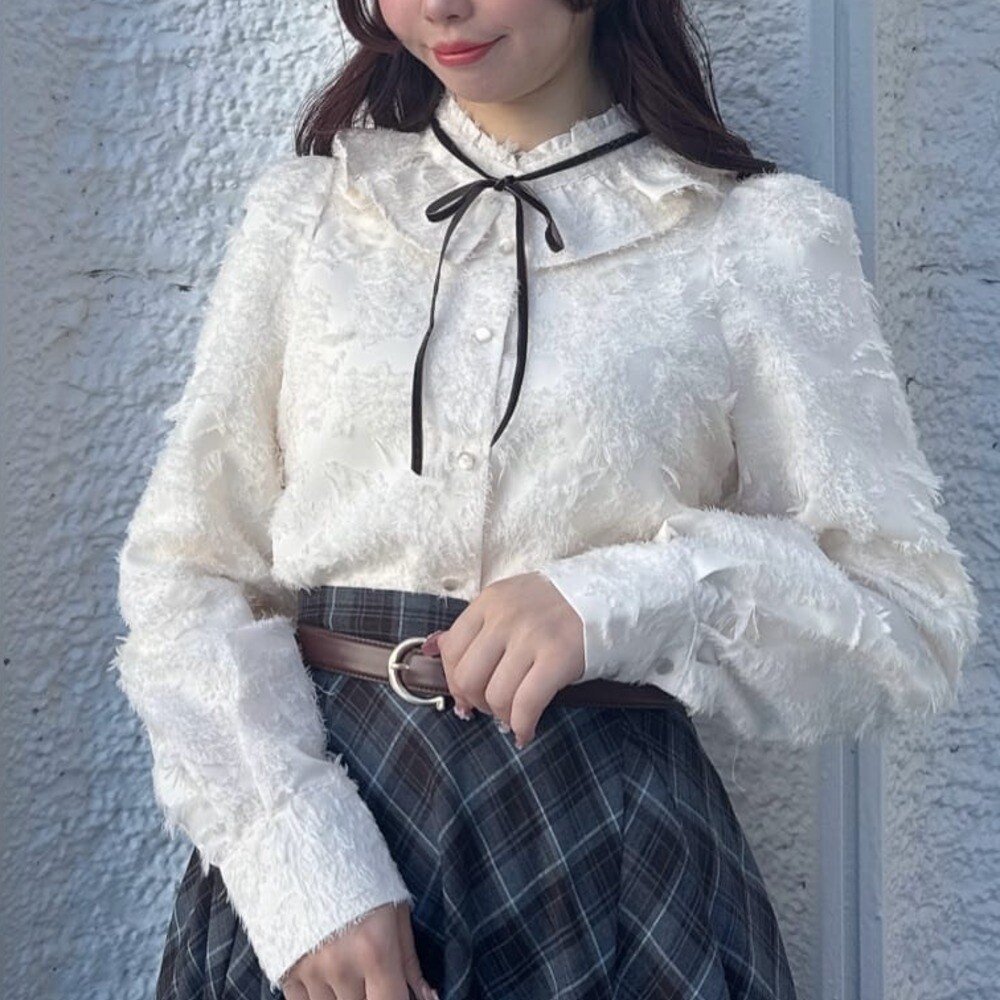 ハグオーワー ネルチェックフリル スタンドカラーブラウス ハグオーワー ネルチェックフリル スタンドカラーブラウス