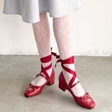 リボン付き小花刺繍バレエパンプス