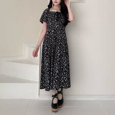 リボンアイビーフラワー柄レースアップワンピース　洗える