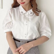 プチデイジー刺繍衿ブラウス　洗える