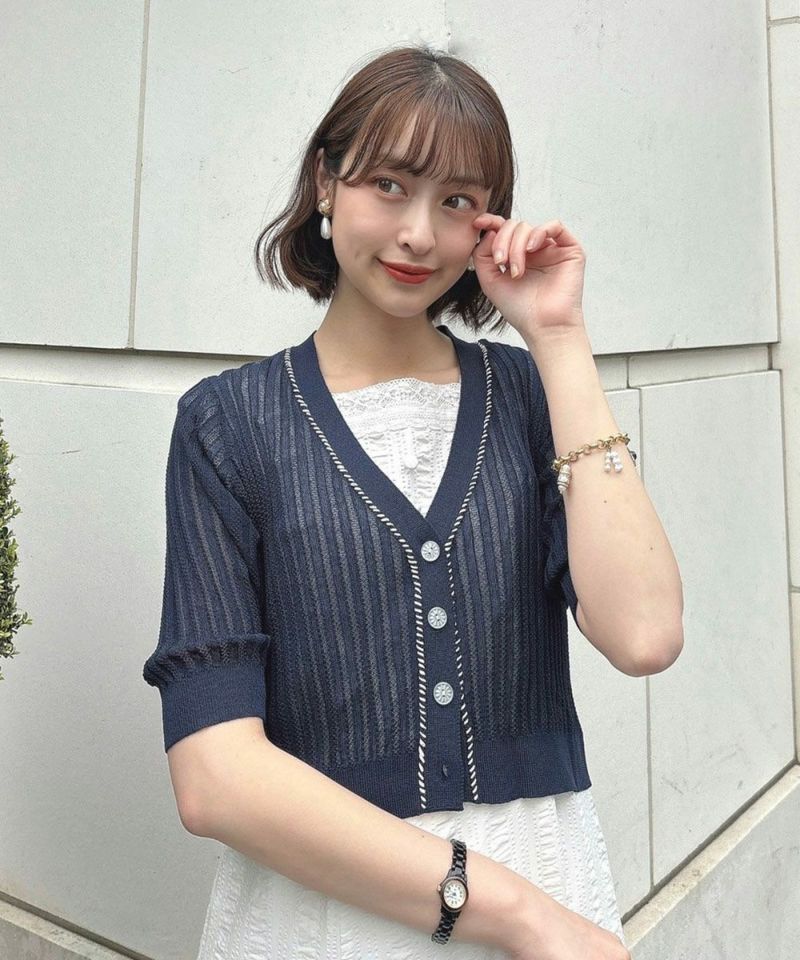 2020秋冬新作」ラメ刺繍スカラップ衿ニットカーディガン/an3 limited