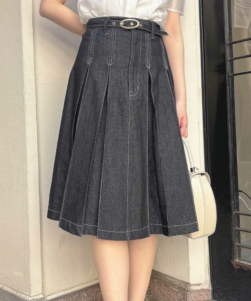 洗える】ベルト 付き ボックス タック デニム スカート | アン