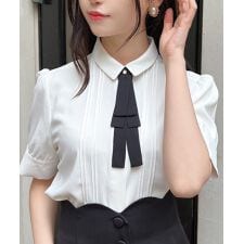【洗える】多重 リボン タイ付き ５分袖 ブラウス