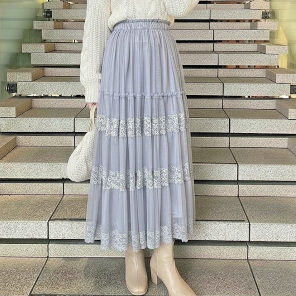 洗える/セットアップ可能】レースレイヤードタックフレアースカー