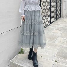 【5色展開・洗える】レース切替チュールティアードスカート