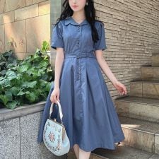 【洗える】レトロ釦使い開衿シャツワンピース