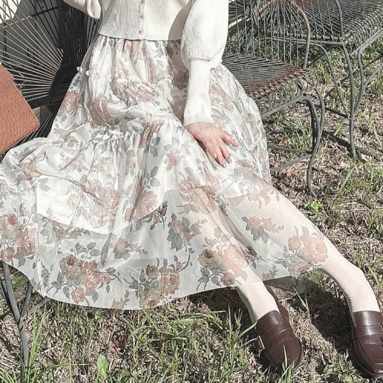 洗える/セットアップ可能】レースレイヤードタックフレアースカー